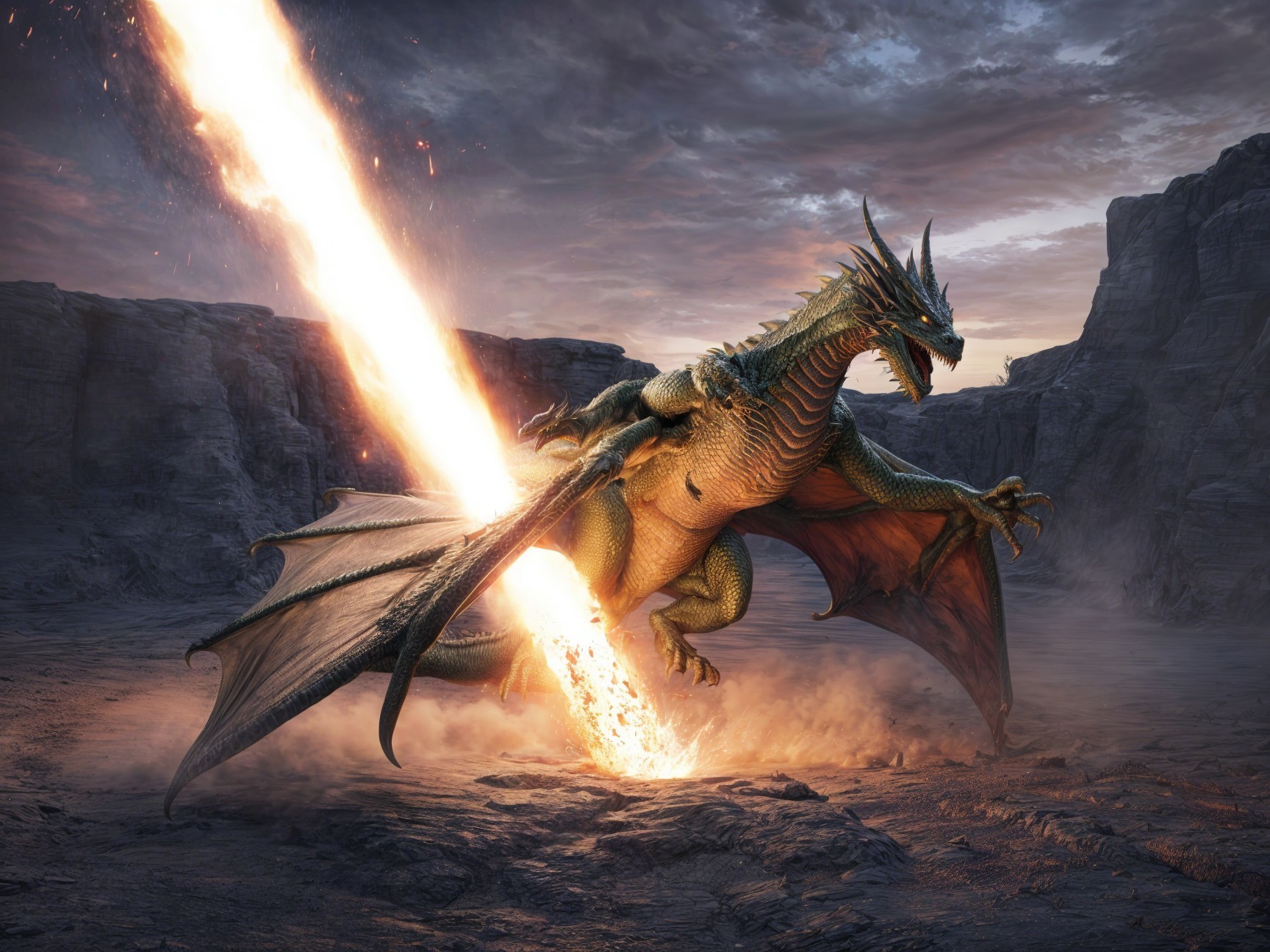 Majestic dragon breathing fire in rocky landscape