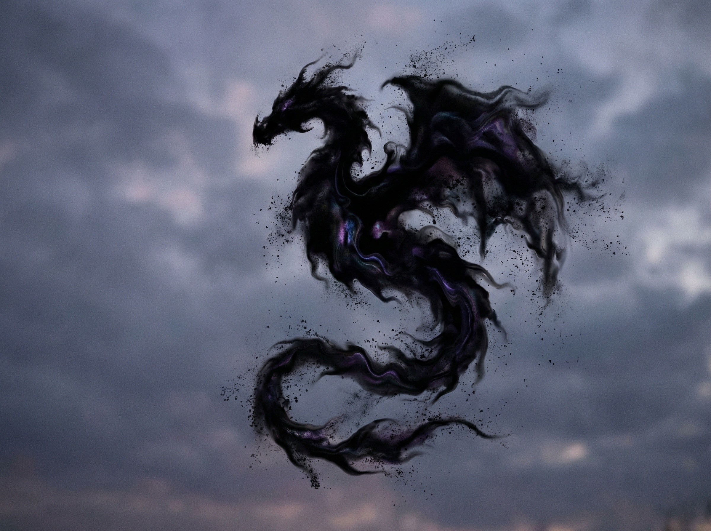 Shadowy Dragon with Glowing Purple Eyes in Gray Sky