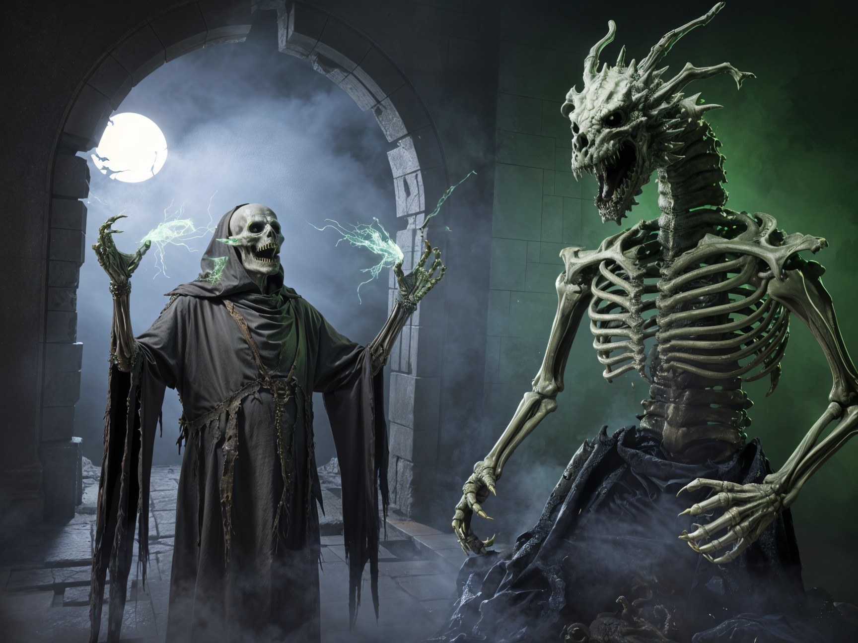 Menacing skeleton conjures lightning with skeletal dragon
