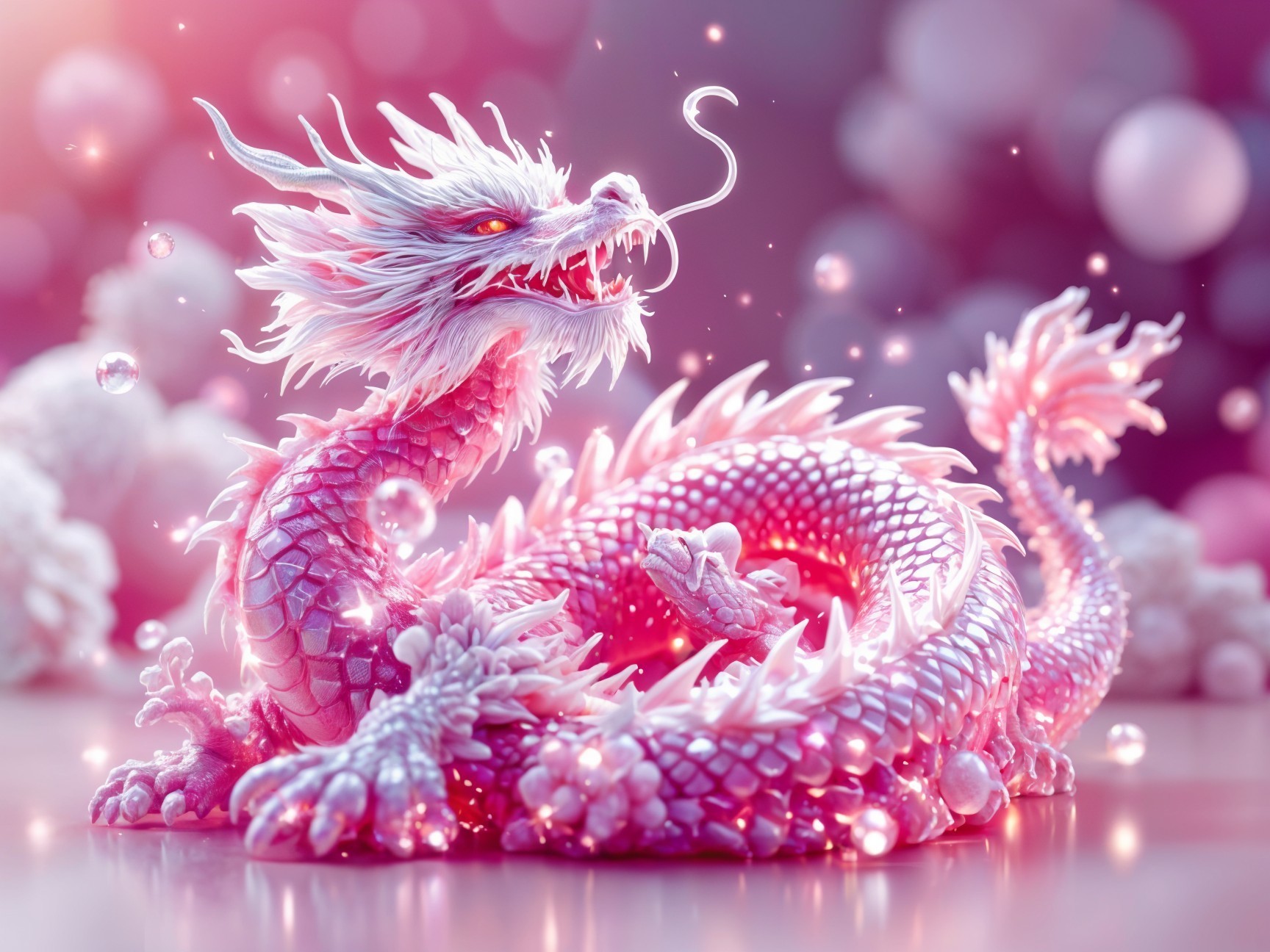 Majestic dragon with pink scales and ethereal bubbles
