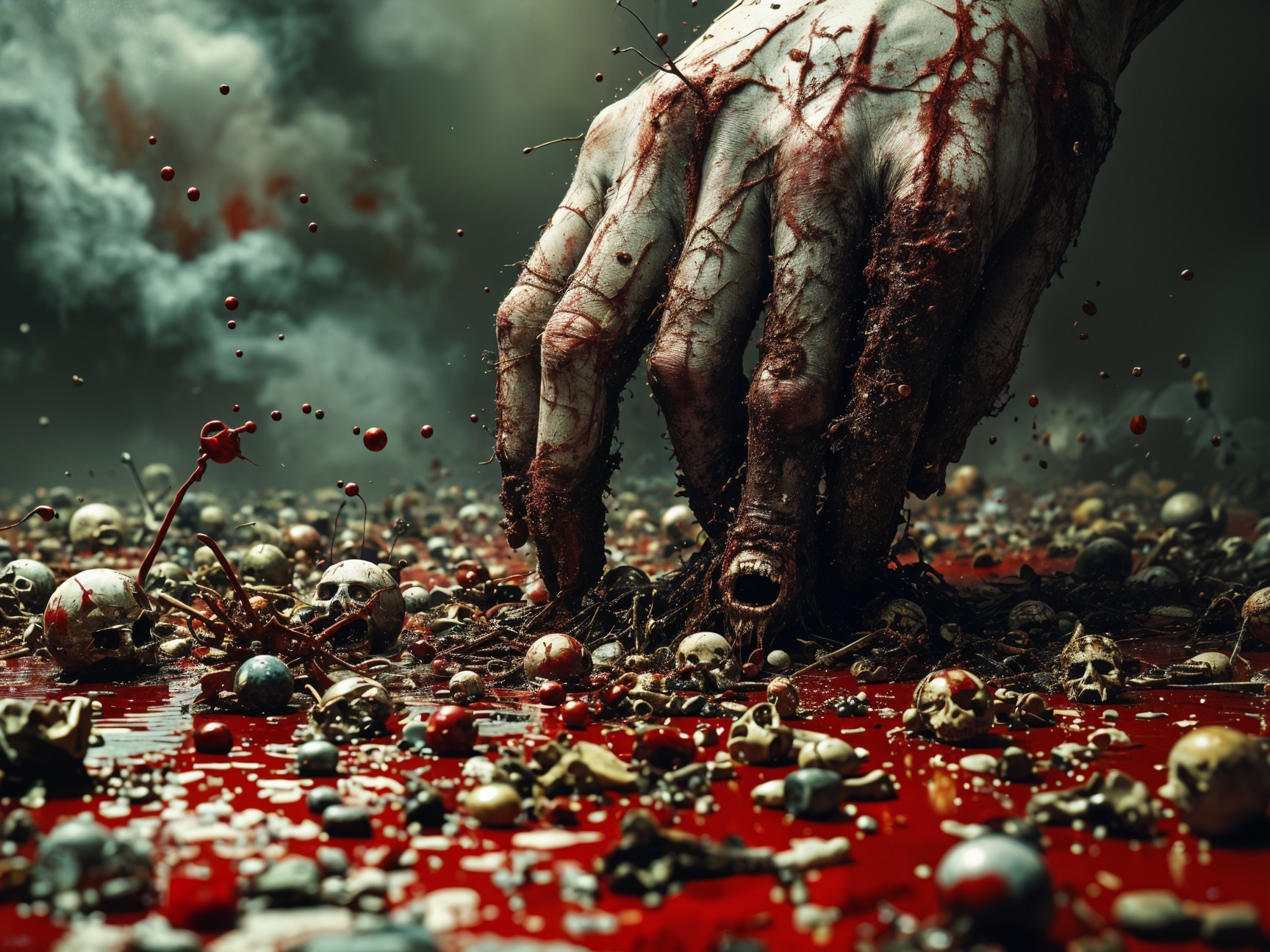 Grotesque Hand Emerges from Blood with Skulls and Bones