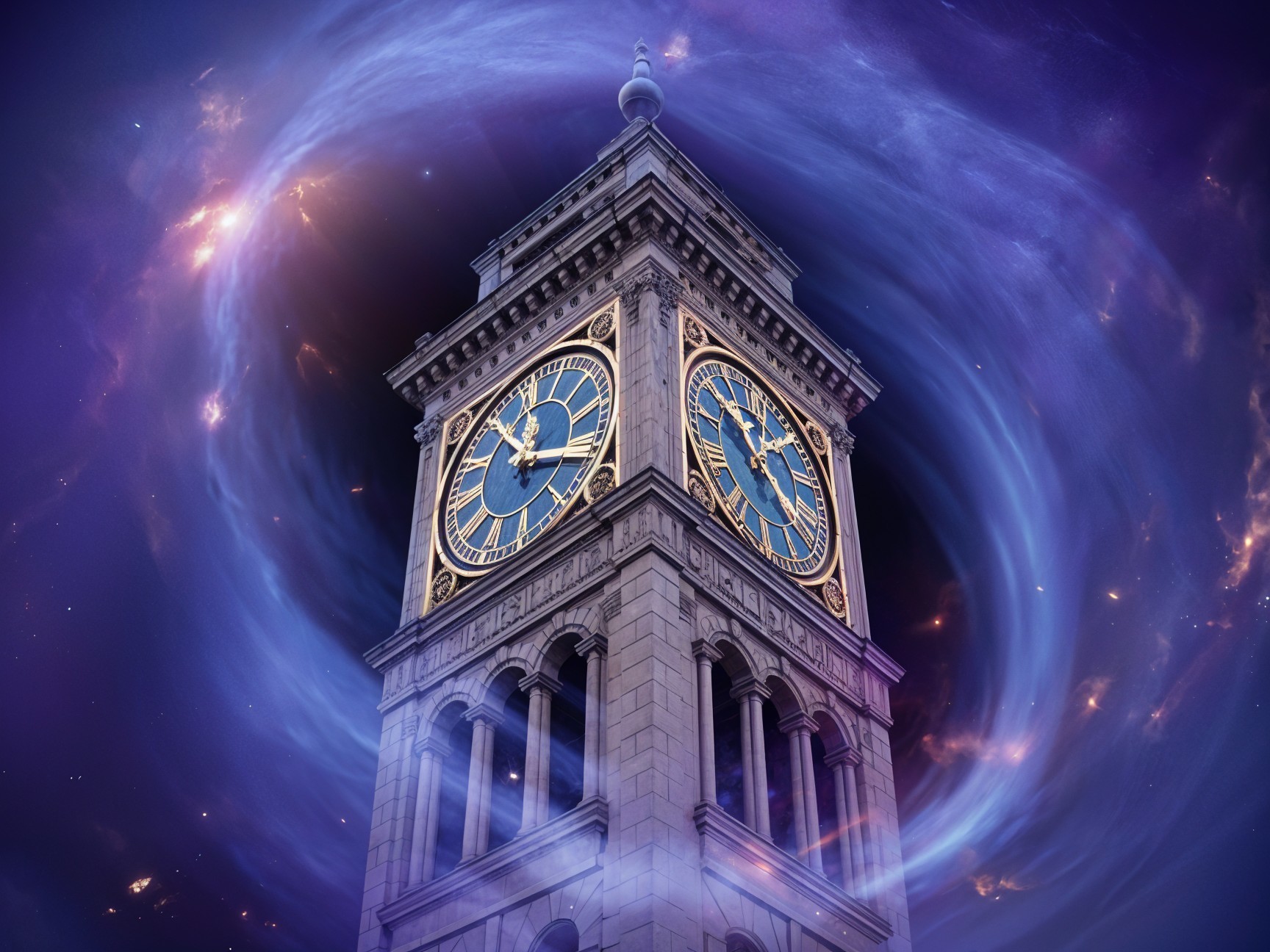 Majestic clock tower amidst cosmic hues and stars