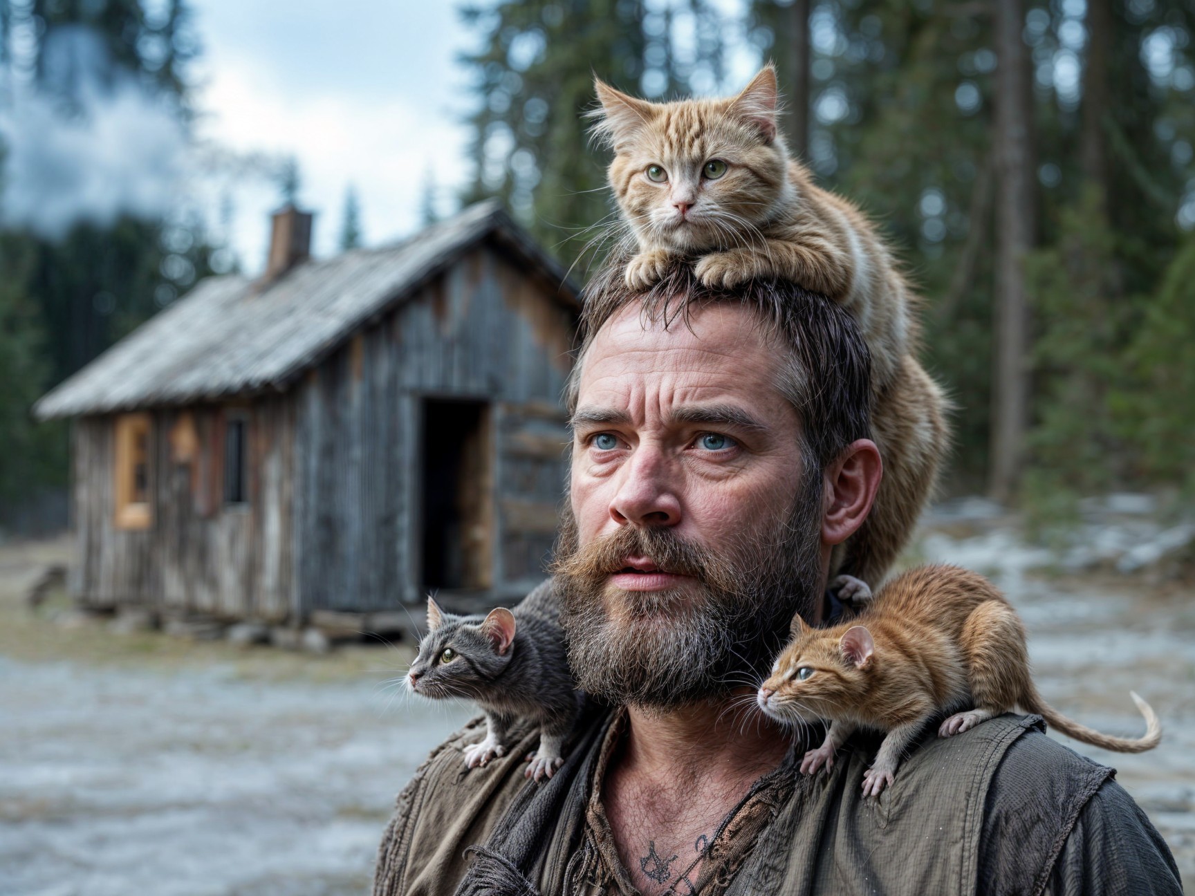 Rugged man with cats and rat near rustic cabin