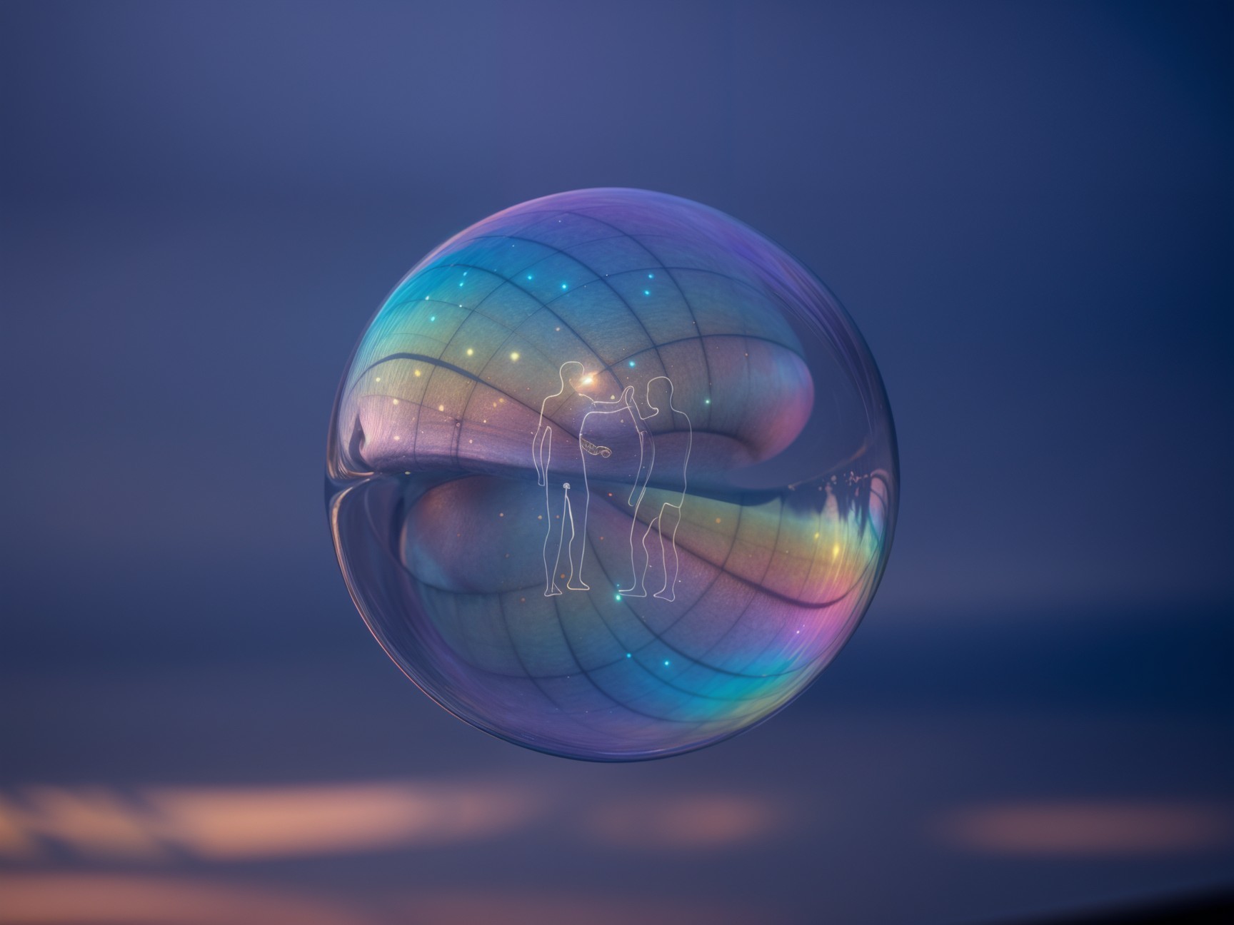 Delicate Soap Bubble with Colorful Reflections and Figures
