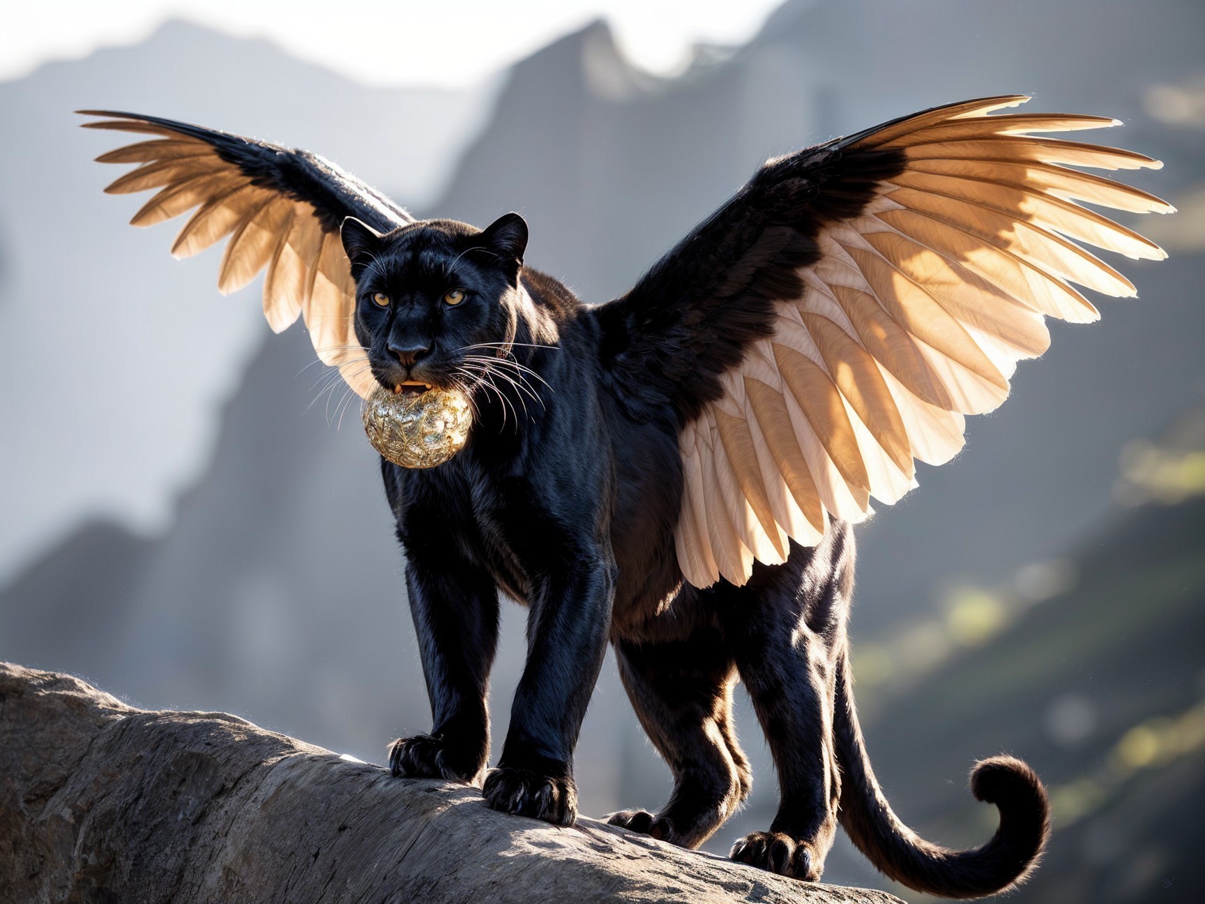 Black Panther with Golden Wings on Rocky Ledge