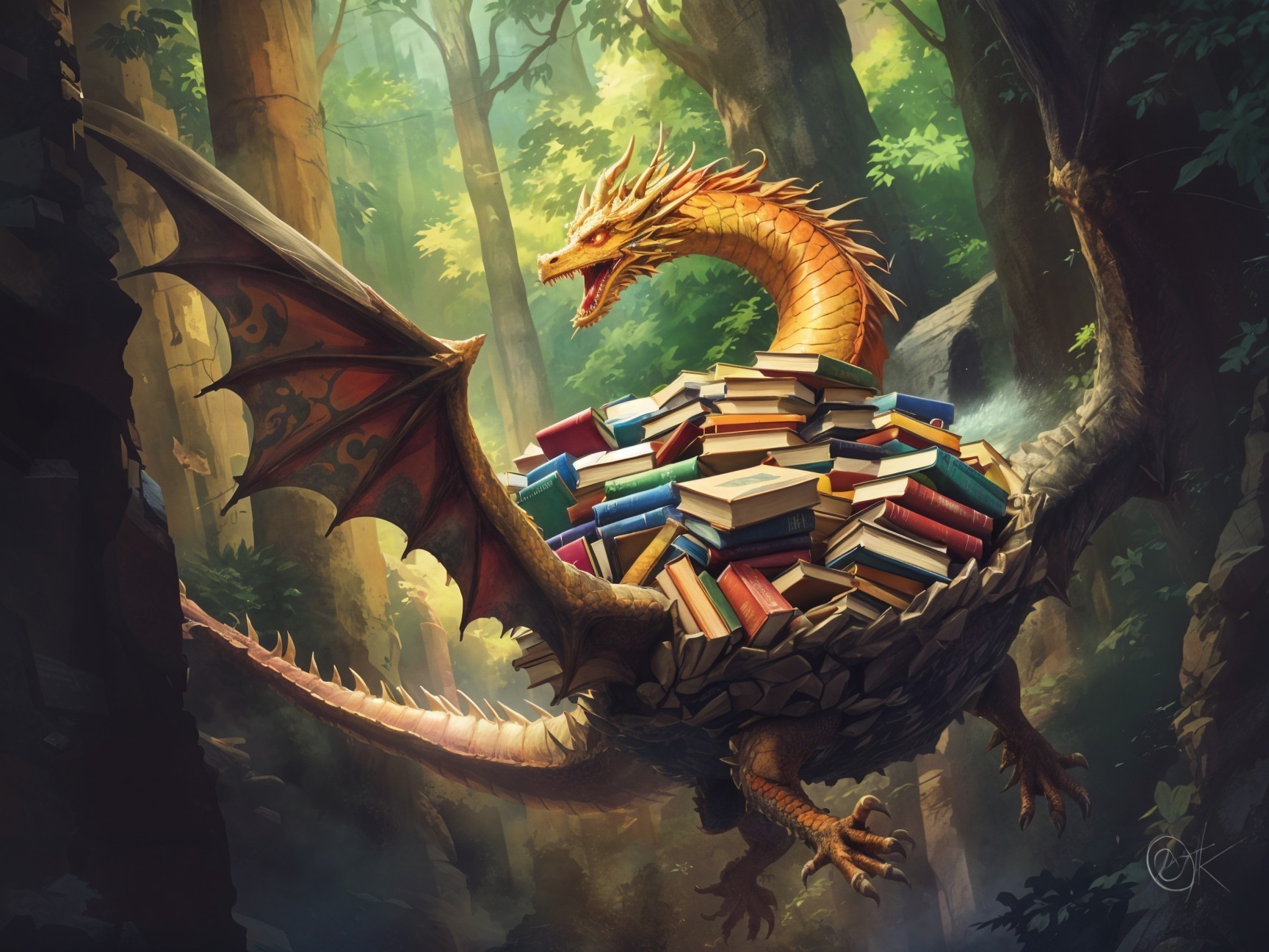 Golden dragon with colorful books in vibrant forest