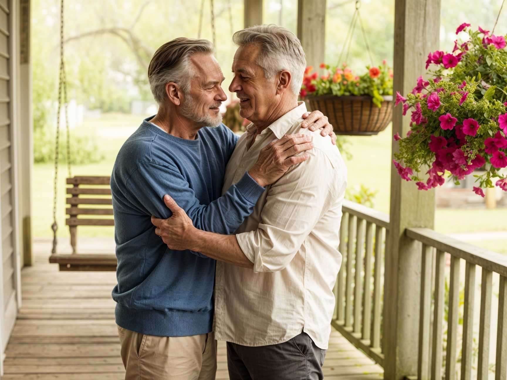 Warm Embrace on a Porch Surrounded by Flowers