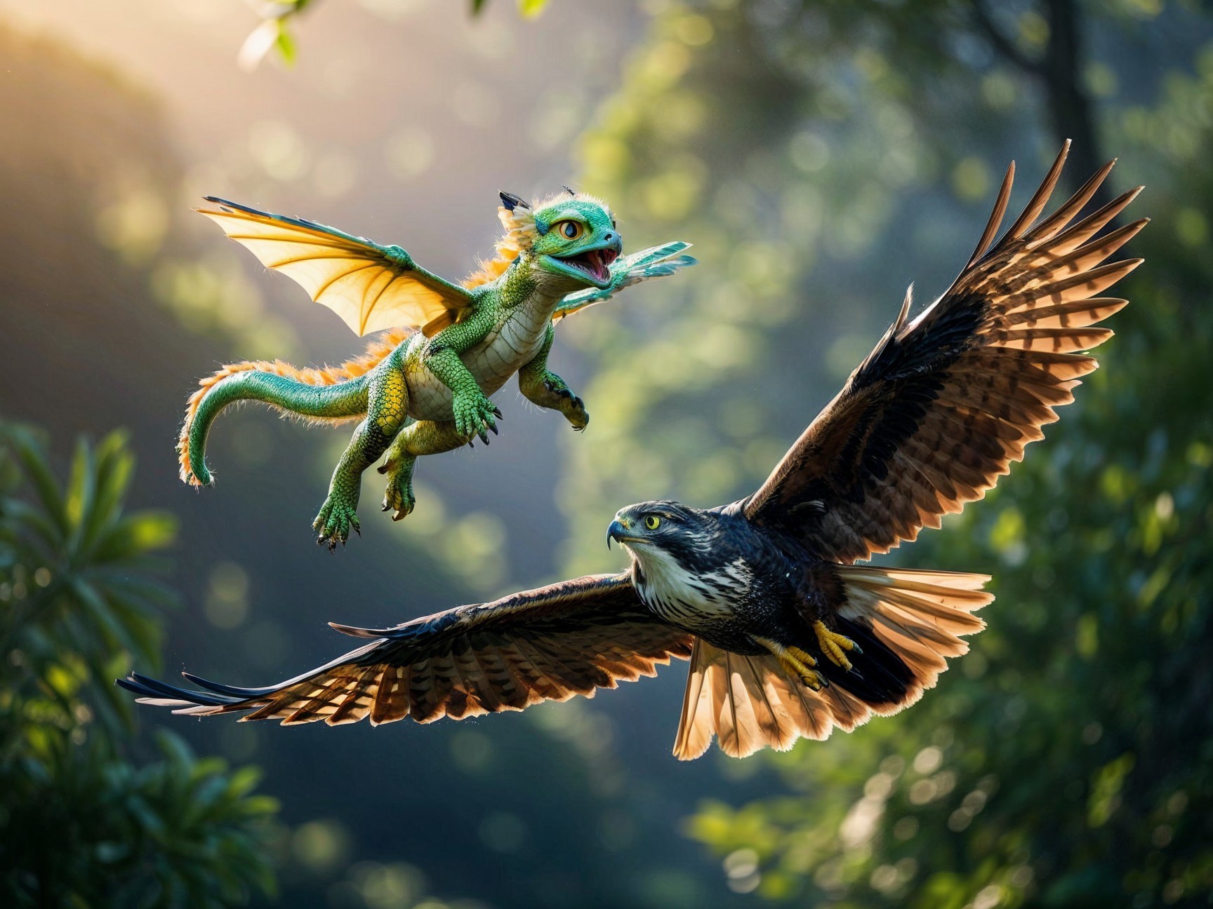Tiny Green Dragon and Hawk in Sunlit Forest