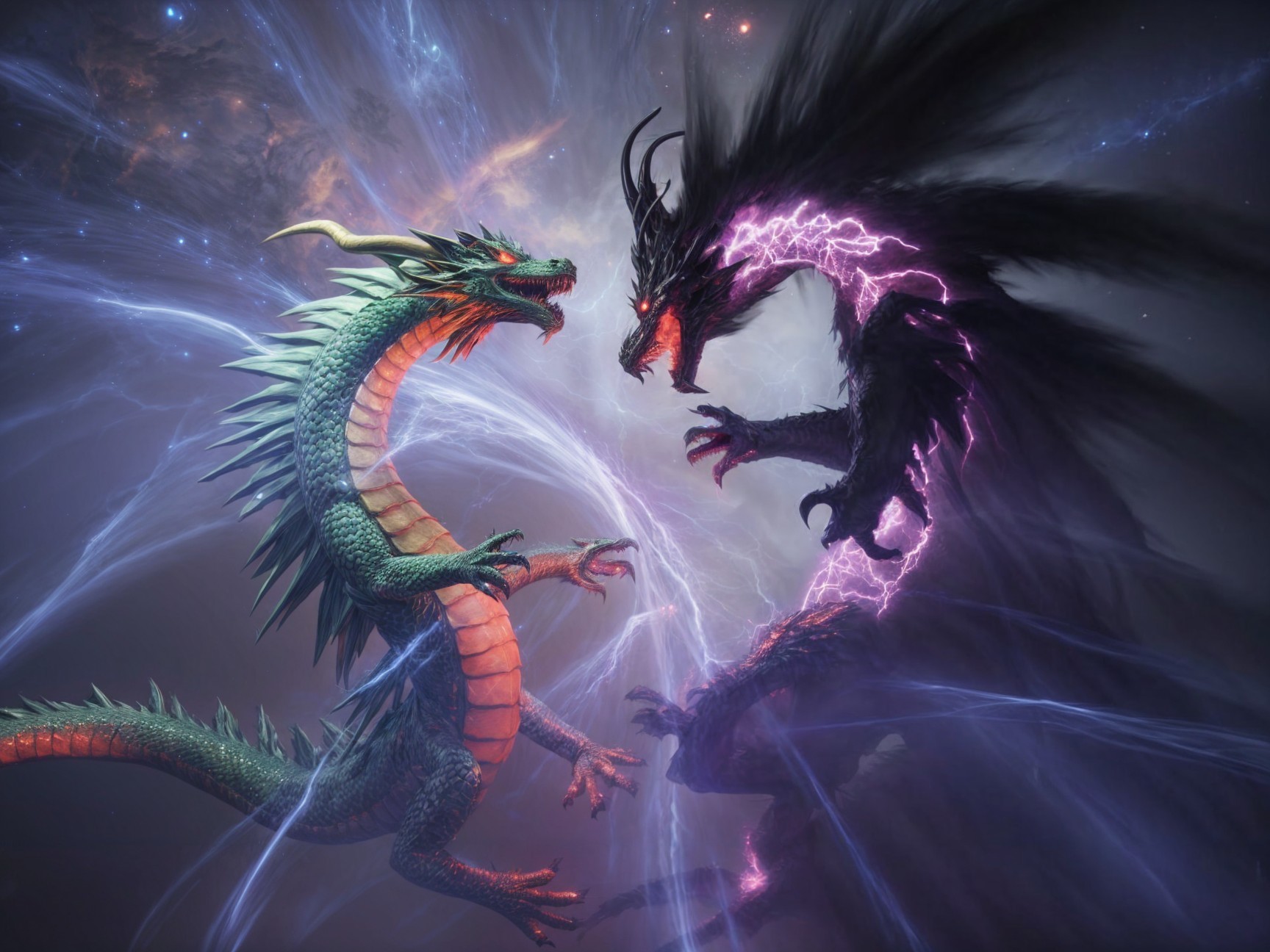 Clash of Mythical Dragons in Cosmic Battle Scene