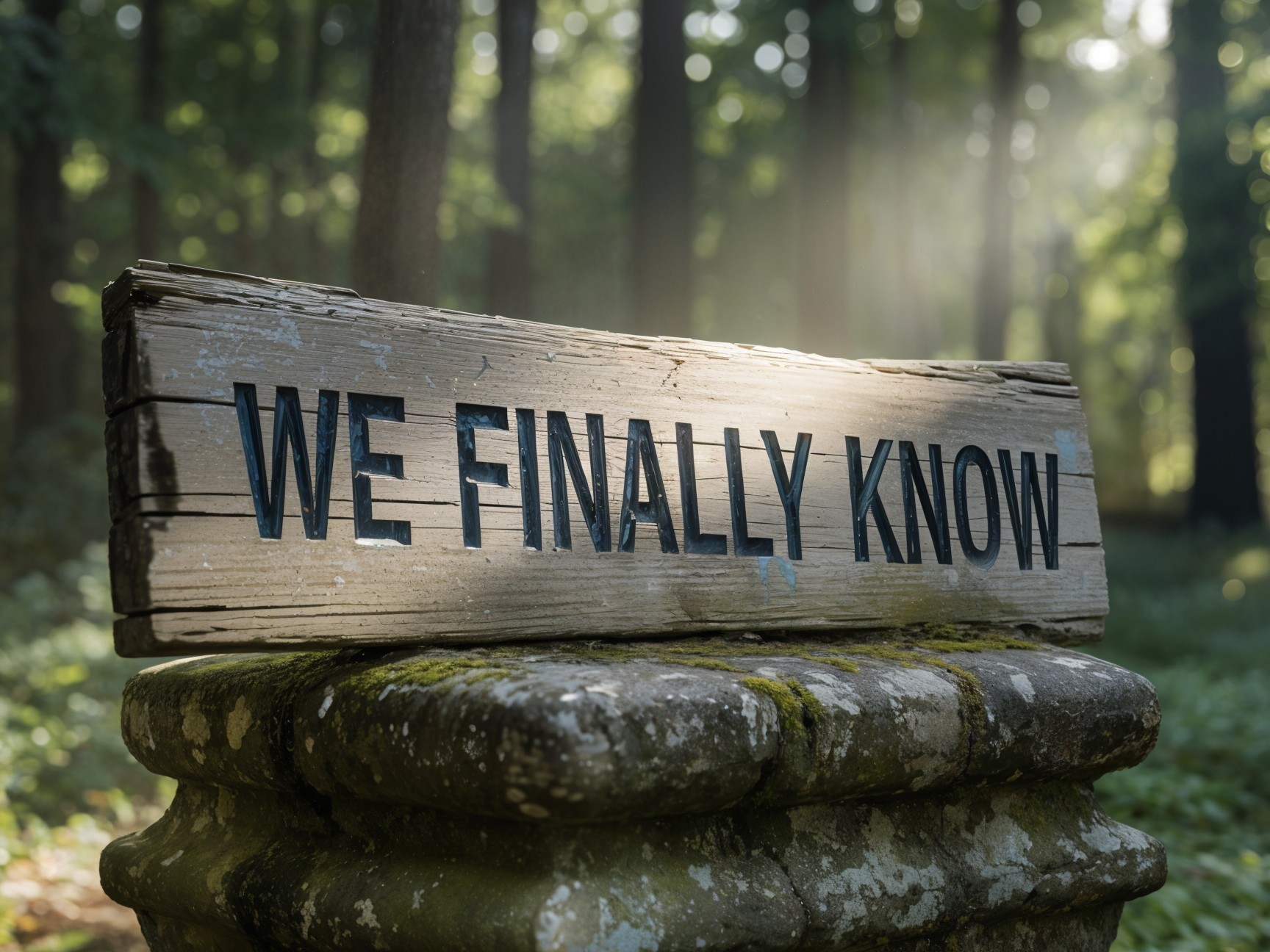 Weathered Wooden Sign in Serene Forest Setting