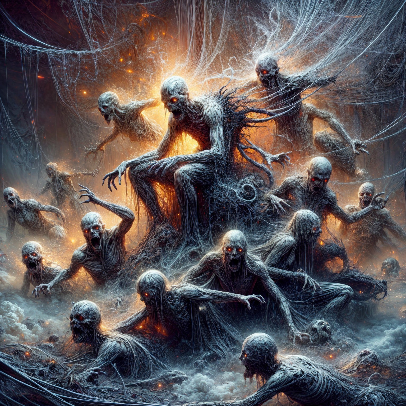 Ethereal Skeletal Figures in a Misty Abyss Scene