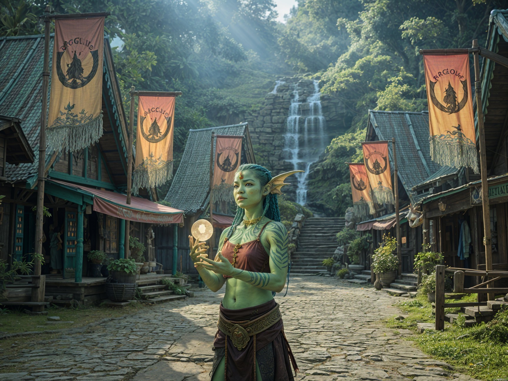 Green-Skinned Elf in Mystical Village with Waterfall