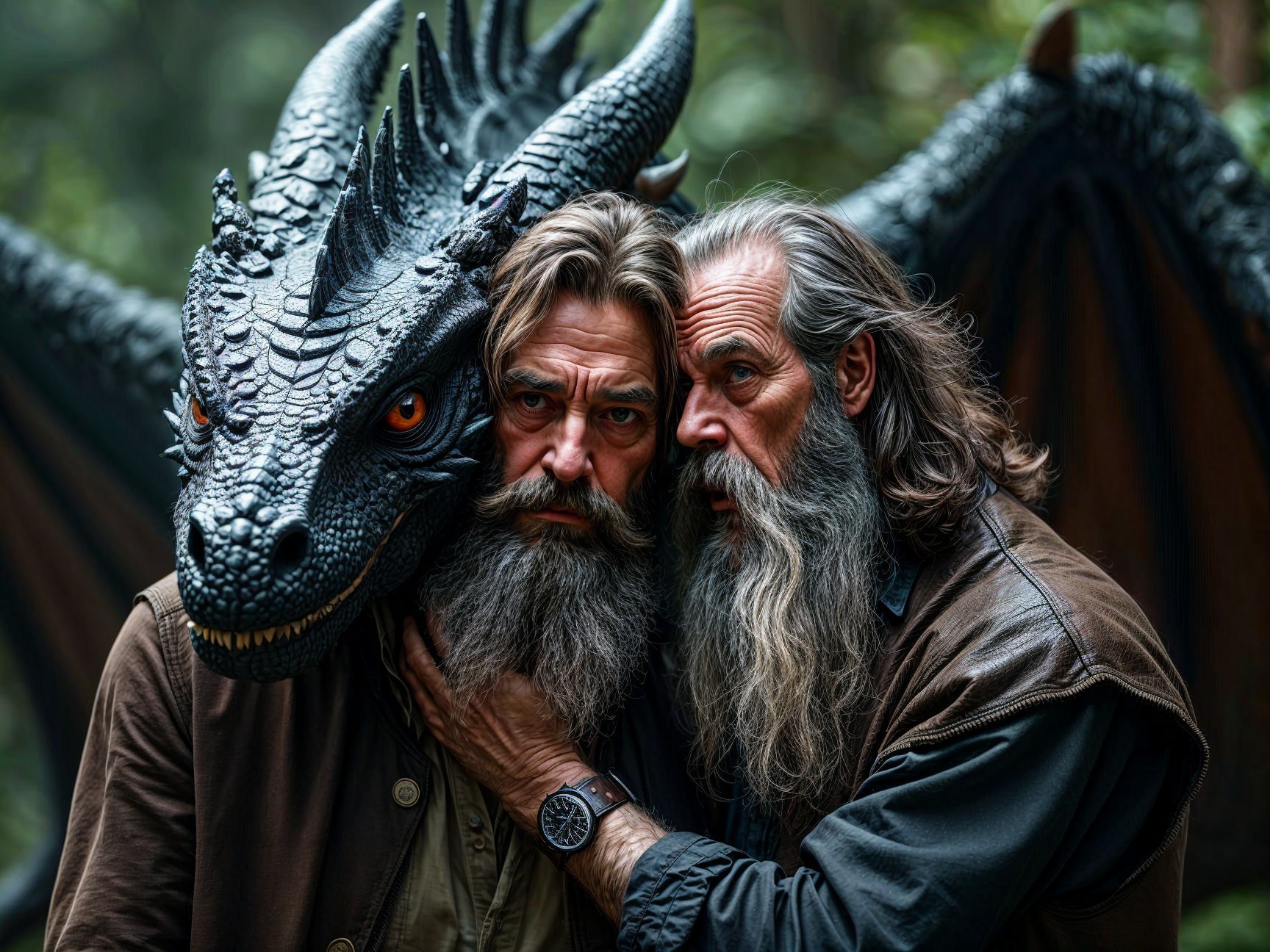 Rugged Men with Dragon Head in Lush Forest Setting