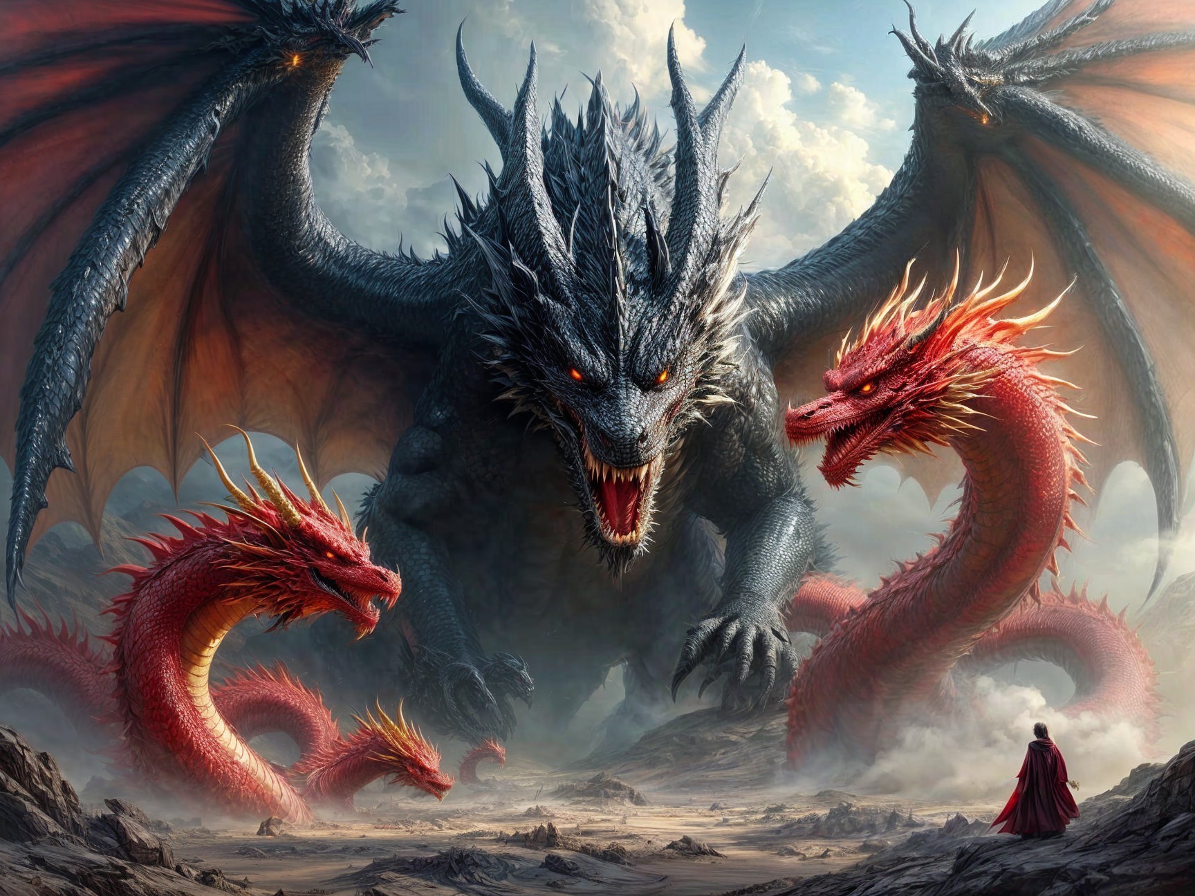 Colossal Black Dragon with Red Dragons in Dramatic Scene