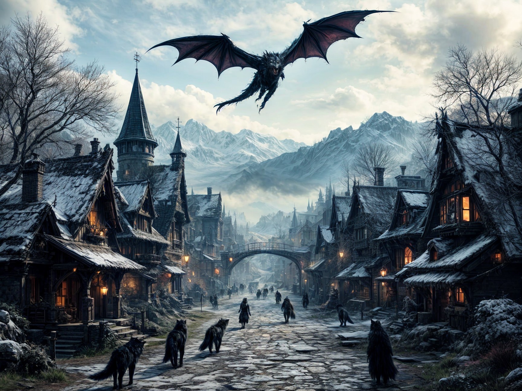 Atmospheric Village with Dragon and Shadowy Wolves