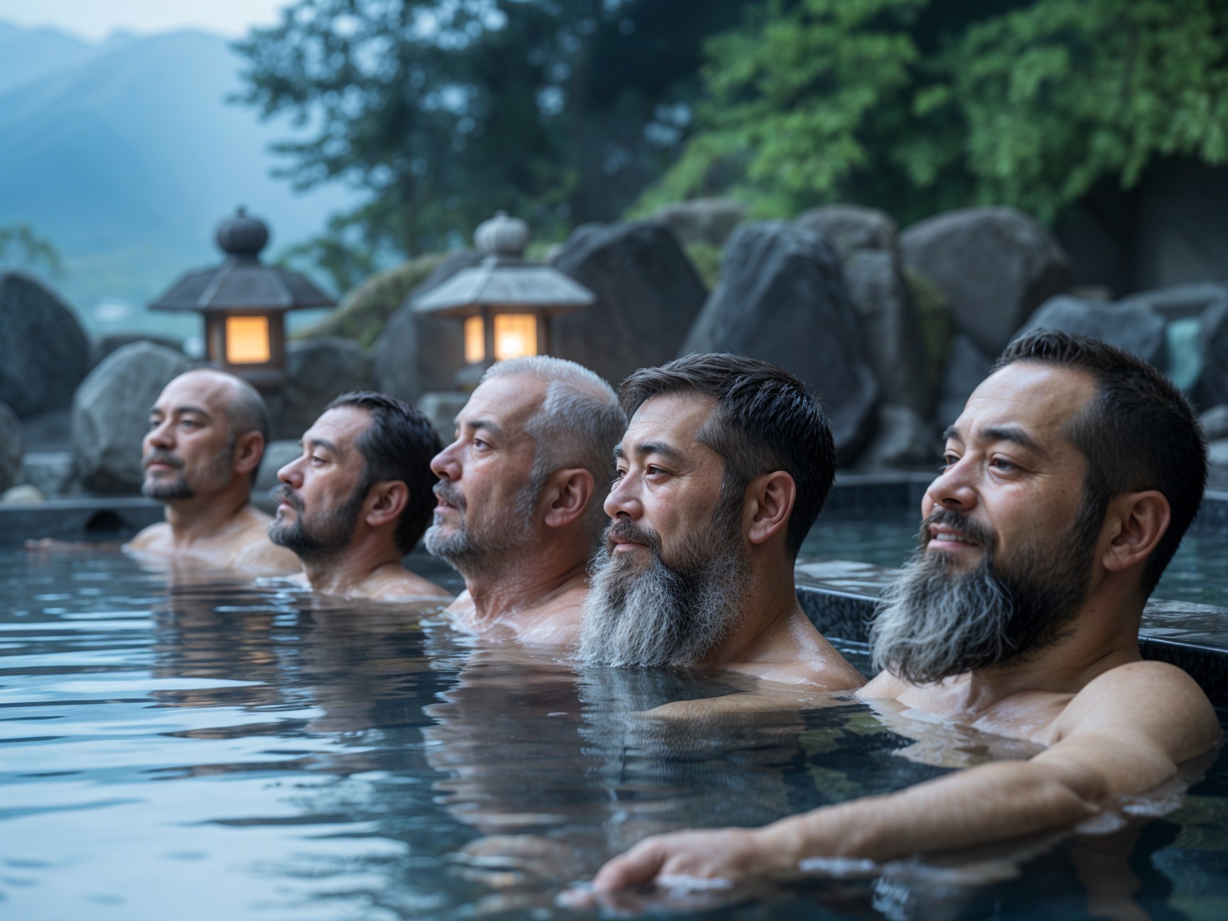 Men Relaxing in Hot Spring Surrounded by Nature