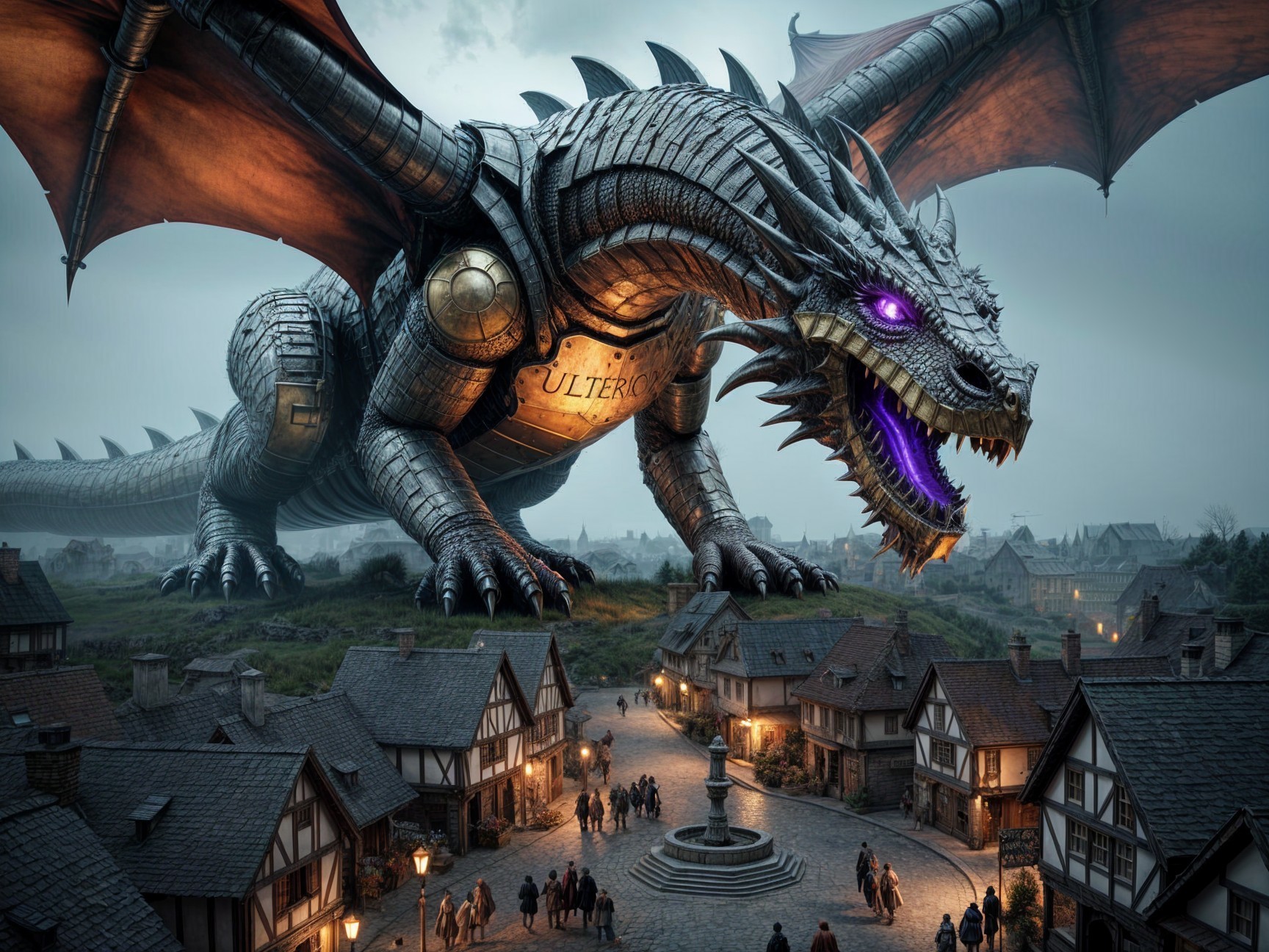 Metallic Dragon Overlooking Medieval Village Scene