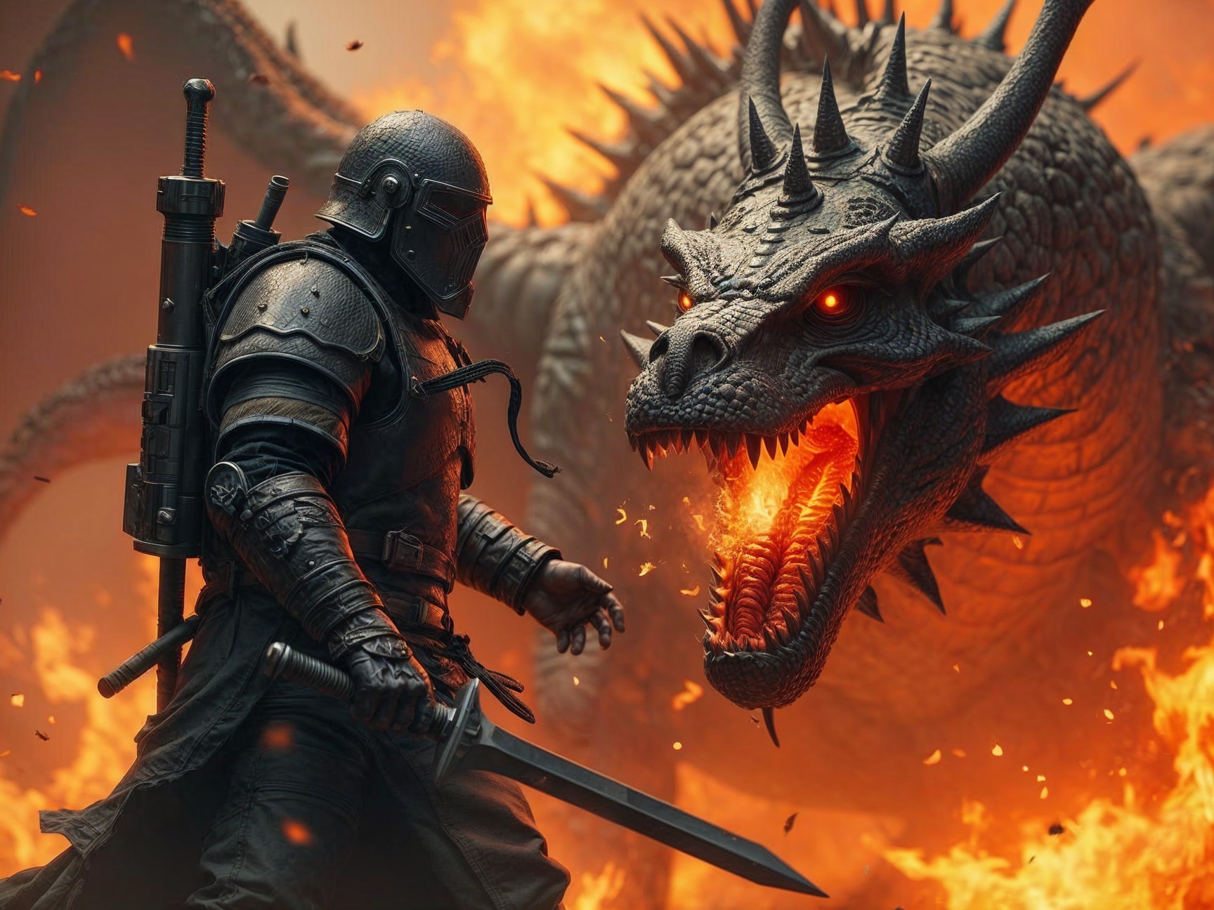 Armored Warrior Confronts Dragon in Fiery Battle Scene