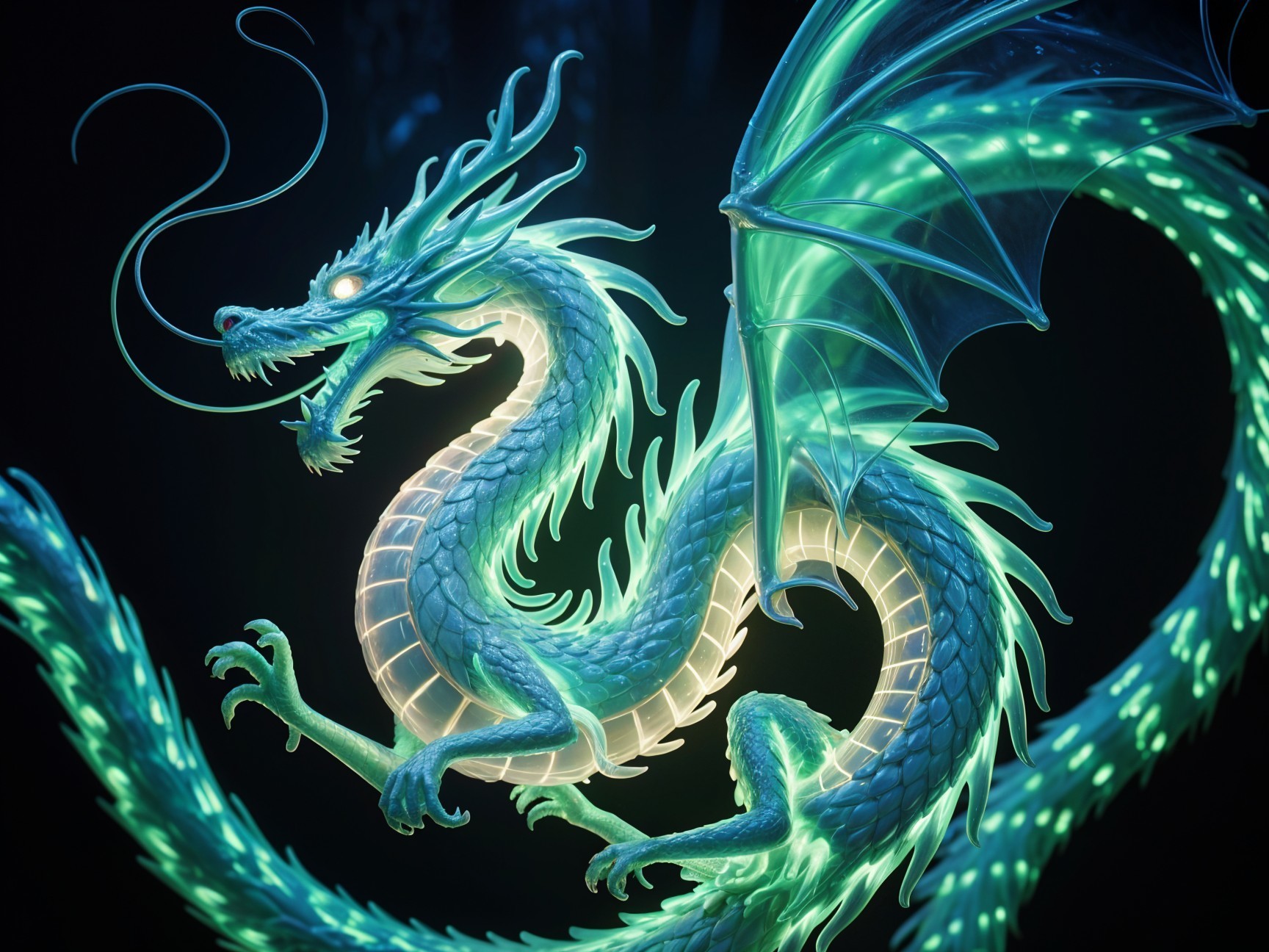 Majestic dragon with translucent teal and blue scales