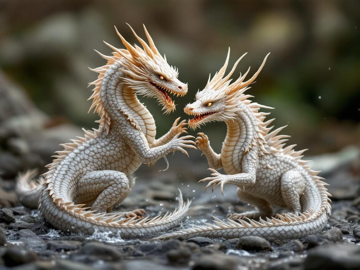 Dragon-like creatures playfully interacting by water source