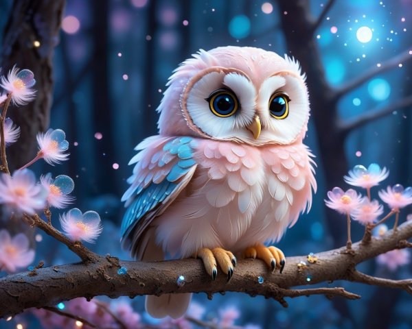 Cartoon Owl on Branch with Pink Blossoms and Lights