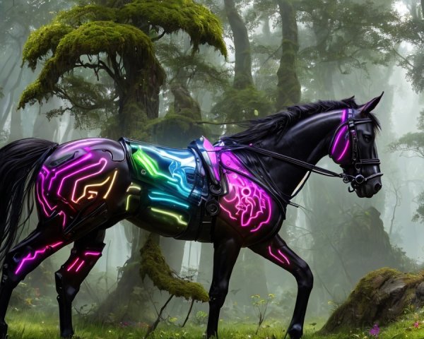 Black Horse with Bioluminescent Circuits in Forest