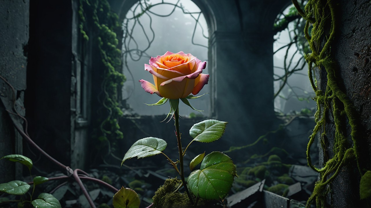 Vibrant Rose in Abandoned Space with Stone Arches