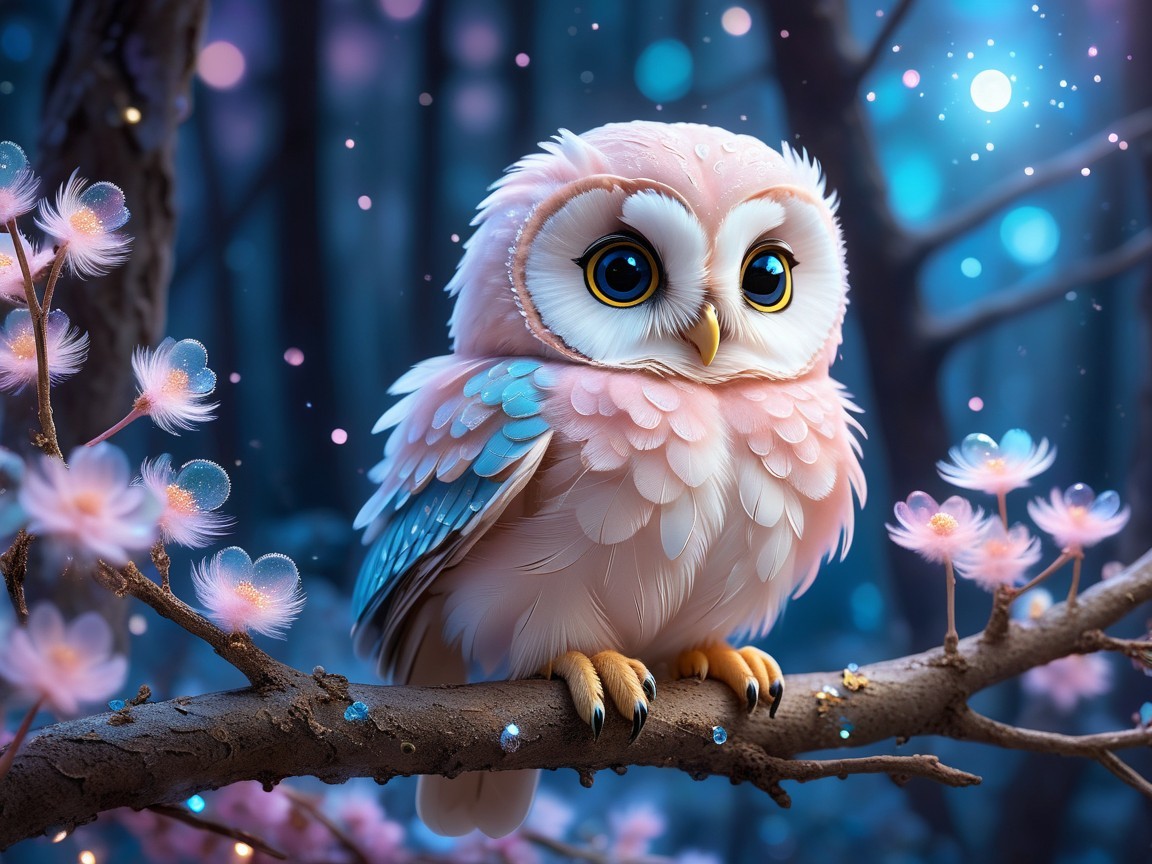 Cartoon Owl on Branch with Pink Blossoms and Lights