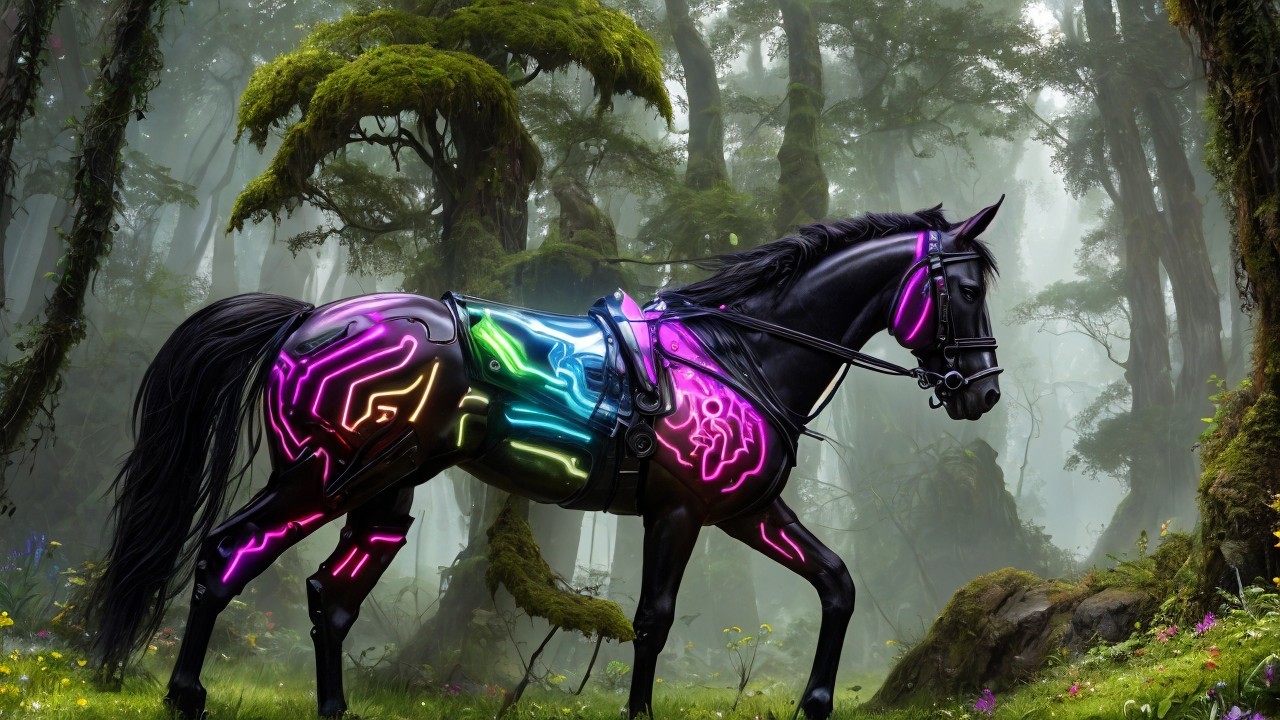 Black Horse with Bioluminescent Circuits in Forest