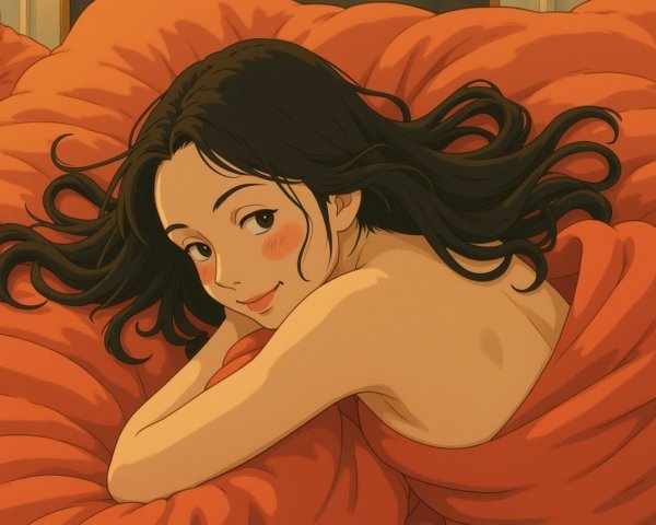 Young woman with black hair on orange blanket scene