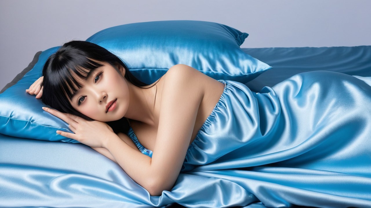 Young Woman on Soft Blue Satin Bed with Serene Expression