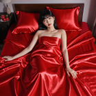 Woman in red satin gown on matching bed setting