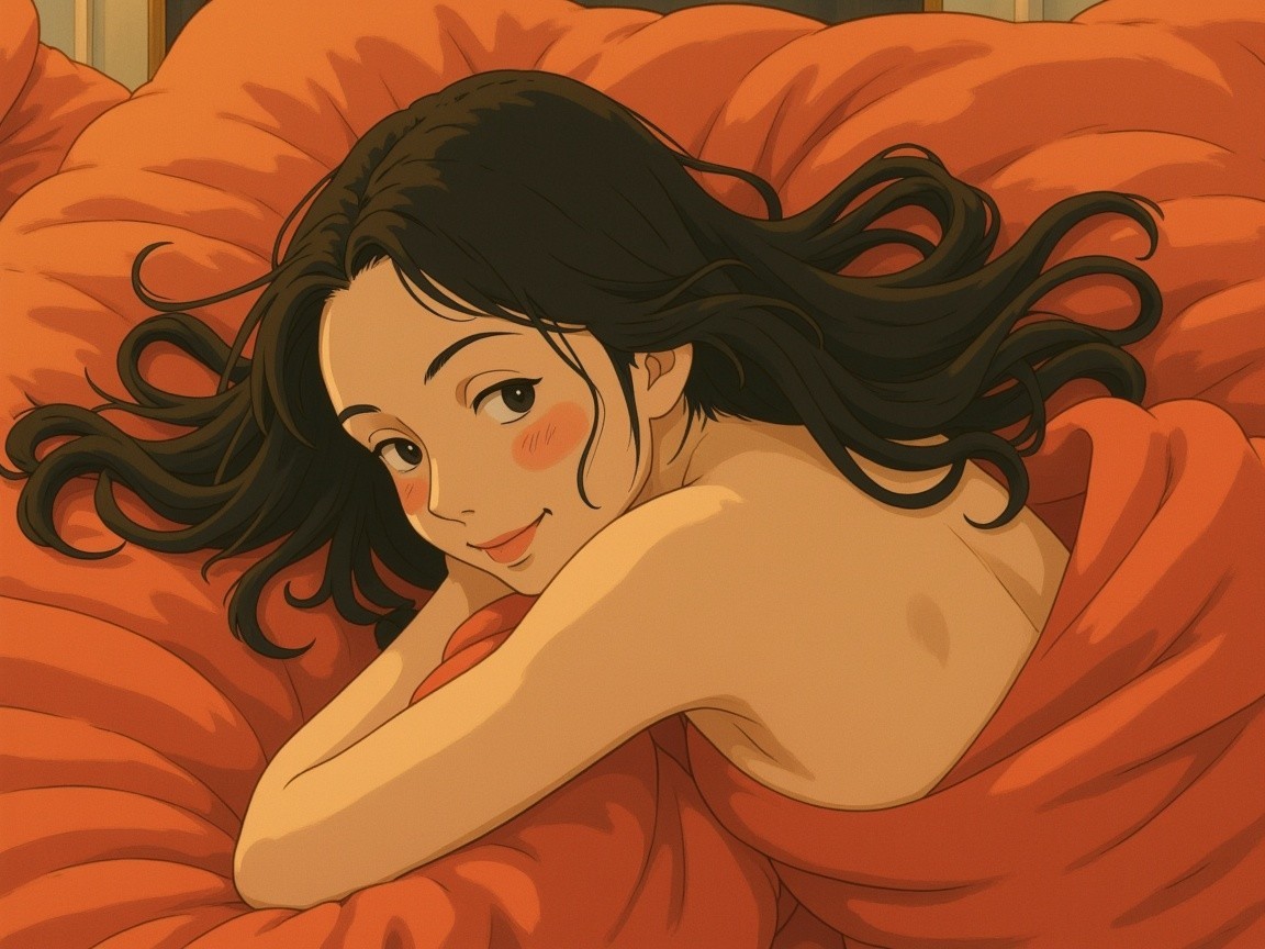 Young woman with black hair on orange blanket scene
