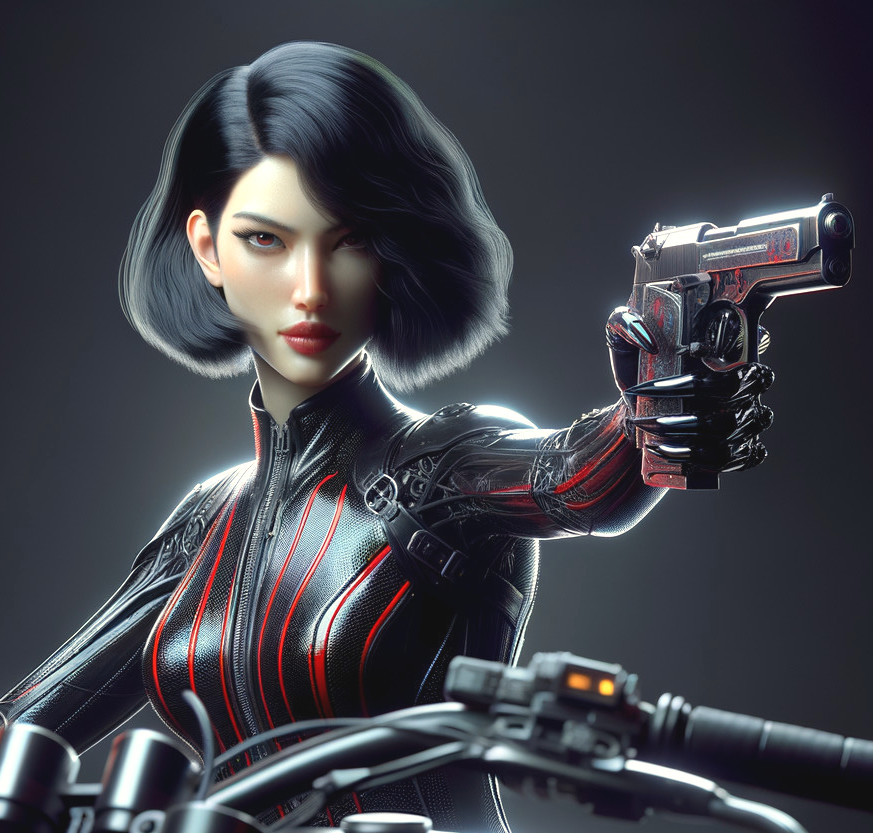 Futuristic Woman in Cyberpunk Armor with Gun