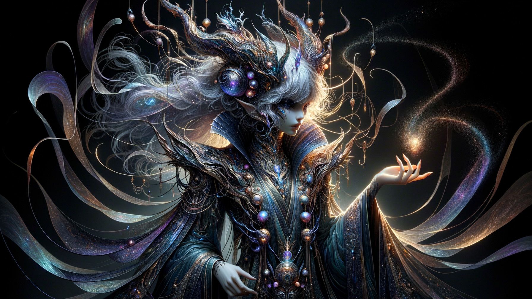 Mystical figure in vibrant robes with glowing orb