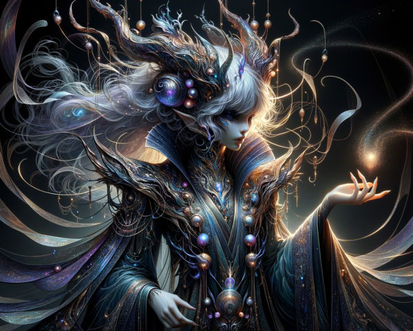 Mystical figure in vibrant robes with glowing orb