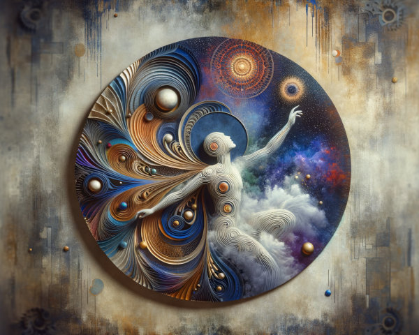 Swirling Figure Amid Celestial Elements and Colors