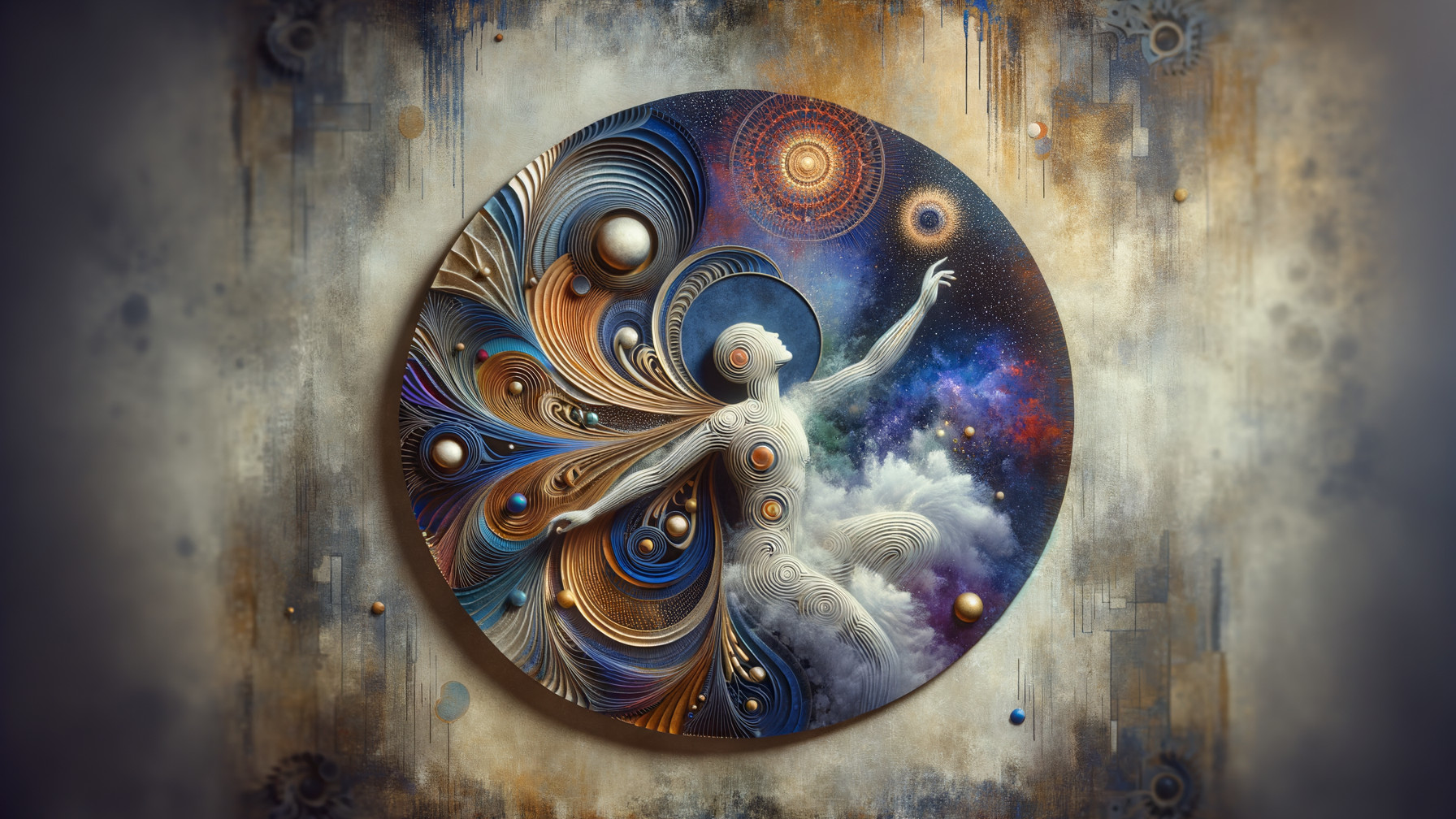 Swirling Figure Amid Celestial Elements and Colors