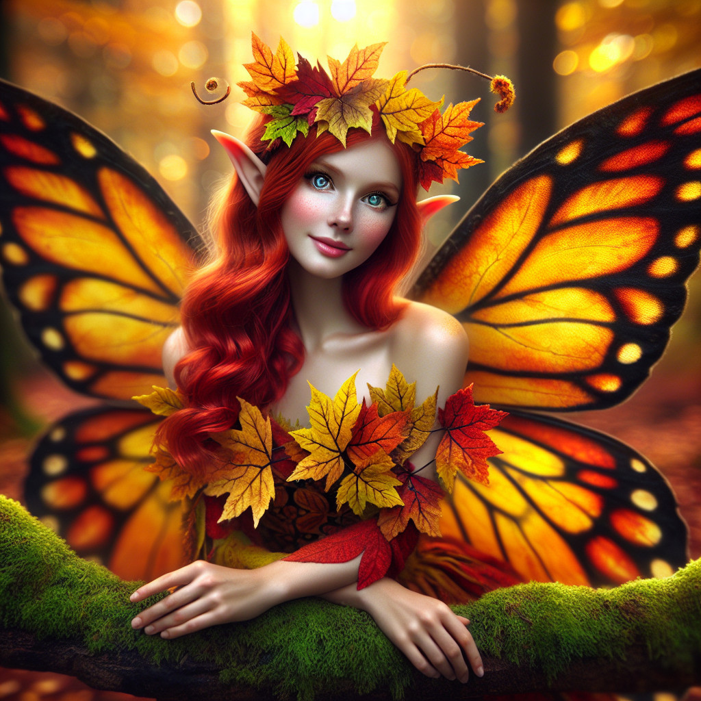 Fairy with Red Hair and Butterfly Wings in Forest