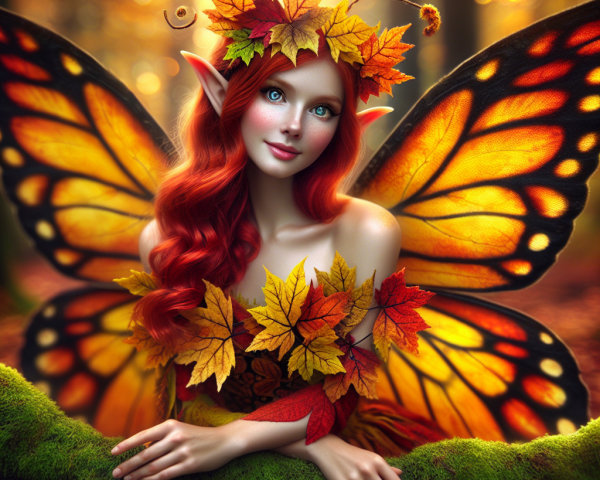 Fairy with Red Hair and Butterfly Wings in Forest