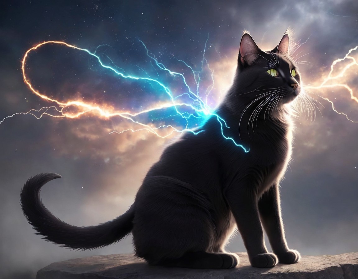 Majestic black cat with electric blue and orange lightning