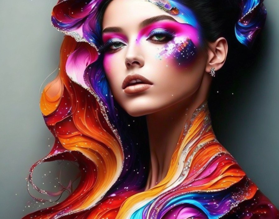 Vibrant Artistic Portrait of a Woman with Cosmic Elements