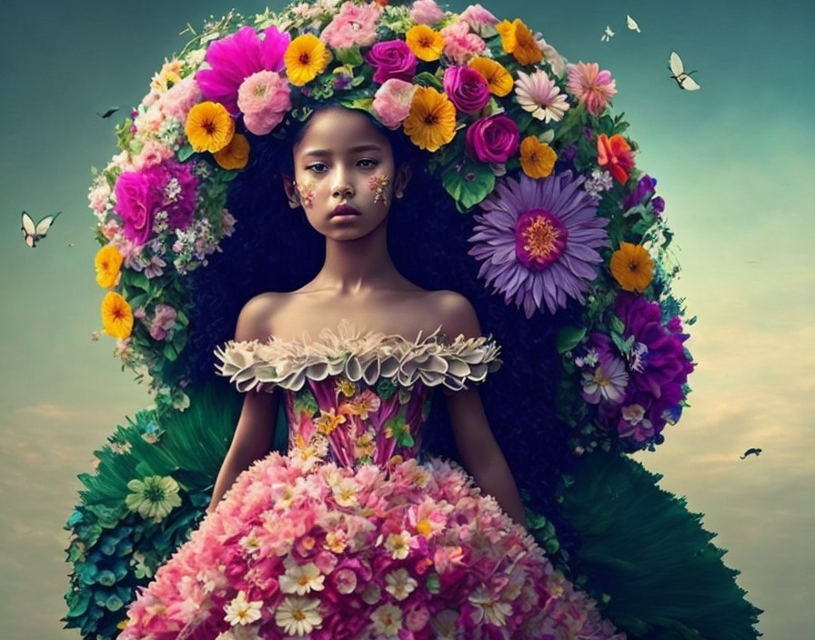 Young girl in vibrant flower dress with butterflies