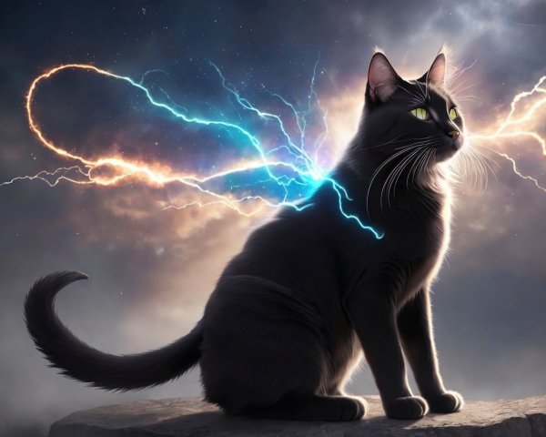 Majestic black cat with electric blue and orange lightning