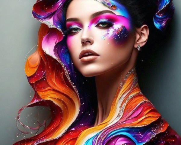 Vibrant Artistic Portrait of a Woman with Cosmic Elements