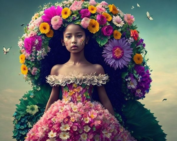 Young girl in vibrant flower dress with butterflies
