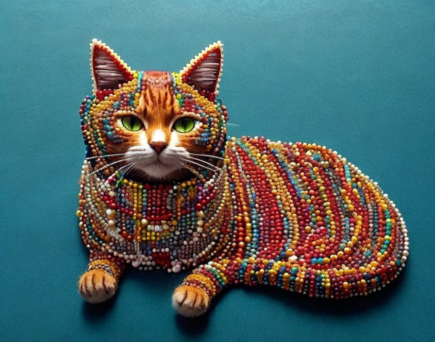 Colorful Bead Cat Figure with Intricate Patterns