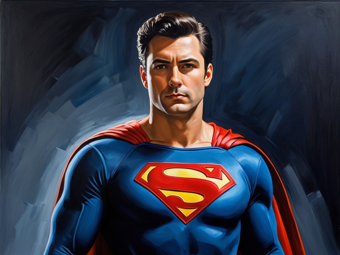 Muscular Superhero in Blue Suit with Red Cape