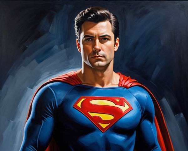 Muscular Superhero in Blue Suit with Red Cape