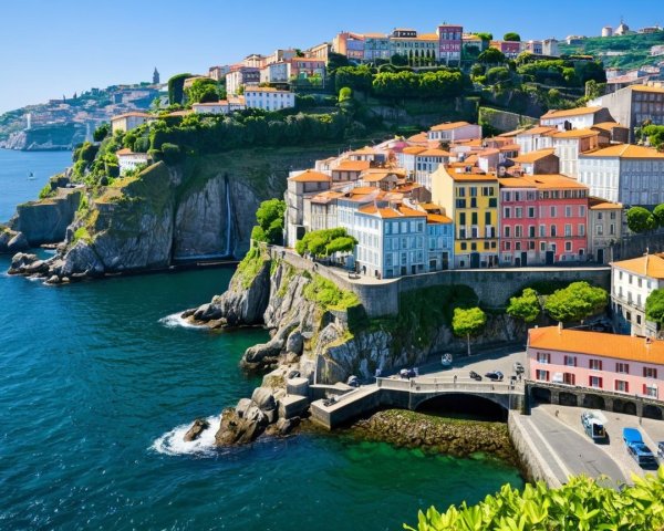 Coastal Scene with Colorful Cliffs and Mediterranean Architecture